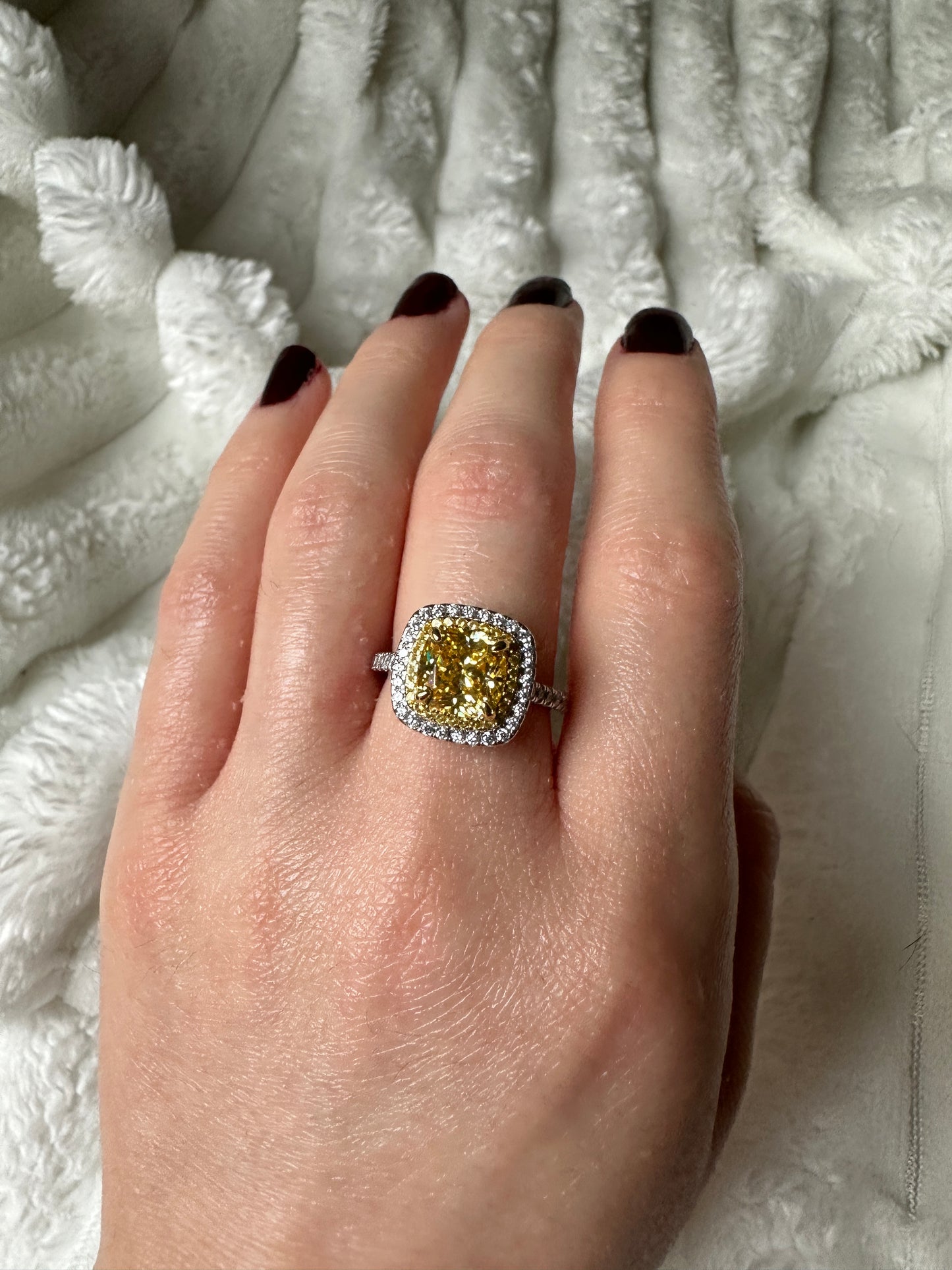 Yellow Sapphire Synthetic Moissanite Cushion Cut Ring