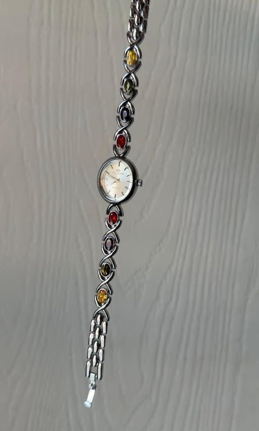 Women's Vintage Inspired Silver Rainbow Gemstone Watch