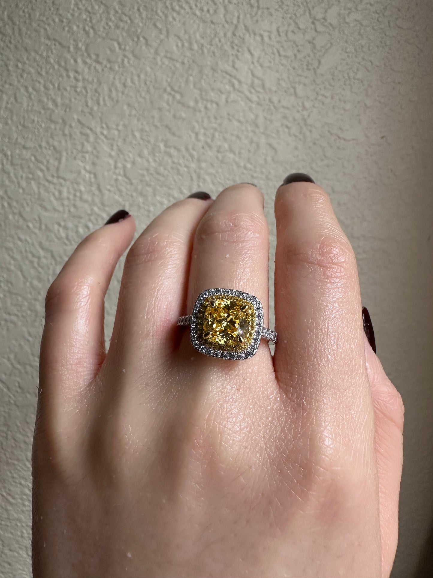 Yellow Sapphire Synthetic Moissanite Cushion Cut Ring