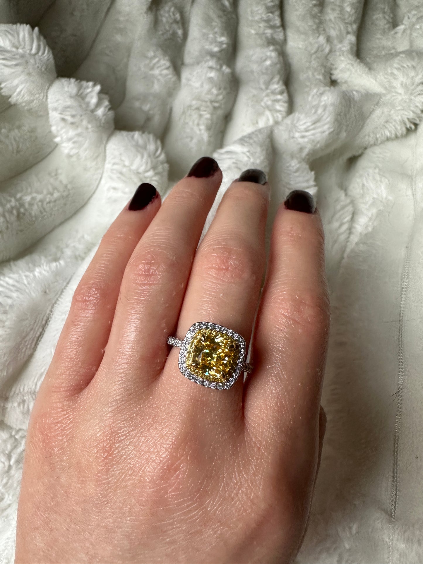 Yellow Sapphire Synthetic Moissanite Cushion Cut Ring