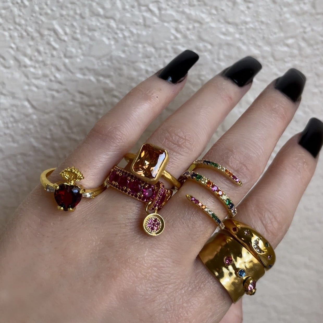 Gold Rainbow Gemstone Ring Set