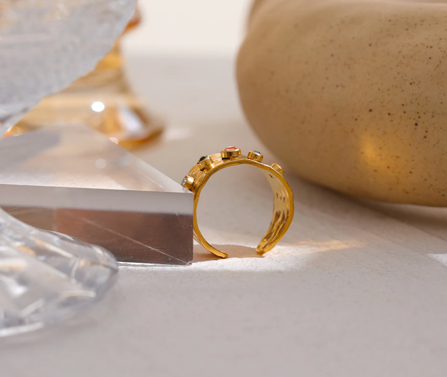 Rainbow Gemstone Gold Ring, Adjustable Boho Gold Ring, Rhinestone Gold –  Briller Designs Jewelry