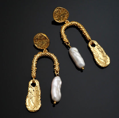 Gold Pearl Dangle Earrings